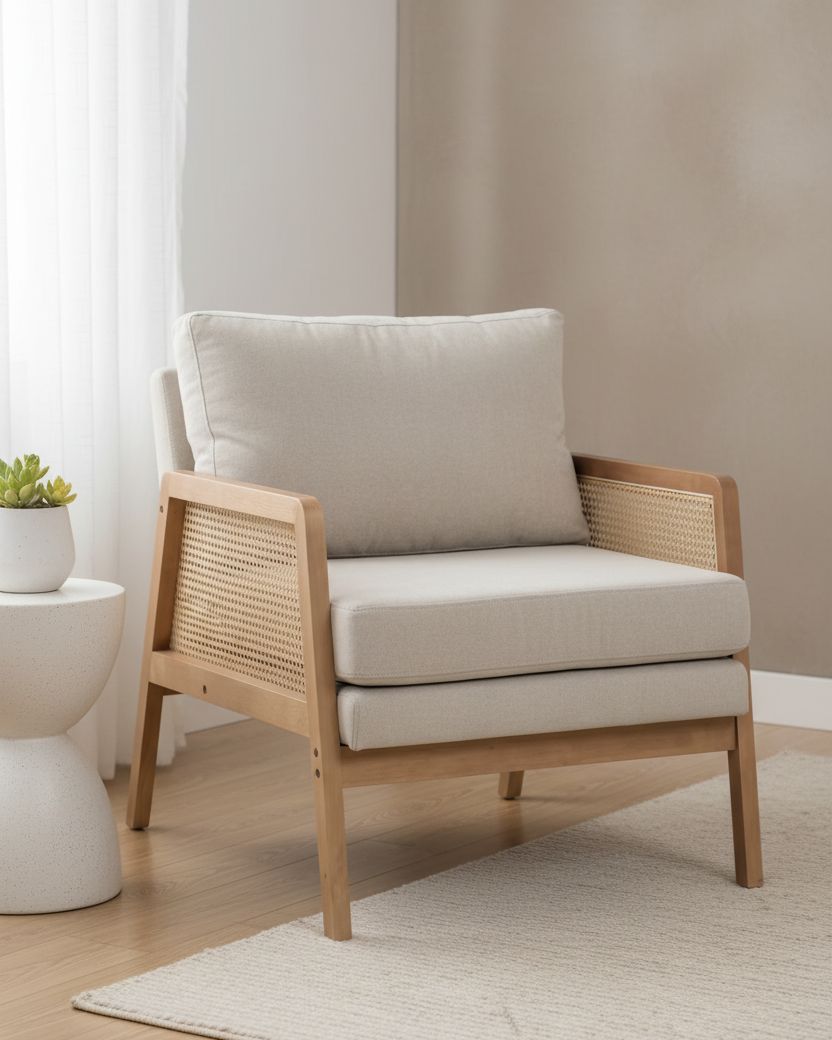 Starlight Express Compton natural framed rattan armchair with beige linen upholstery, showcasing a stylish and comfortable furniture piece.