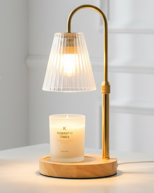 Starlight Express LED white candle warmer lamp with glass ribbed shade, showcasing a sleek lighting fixture for cozy ambiance.