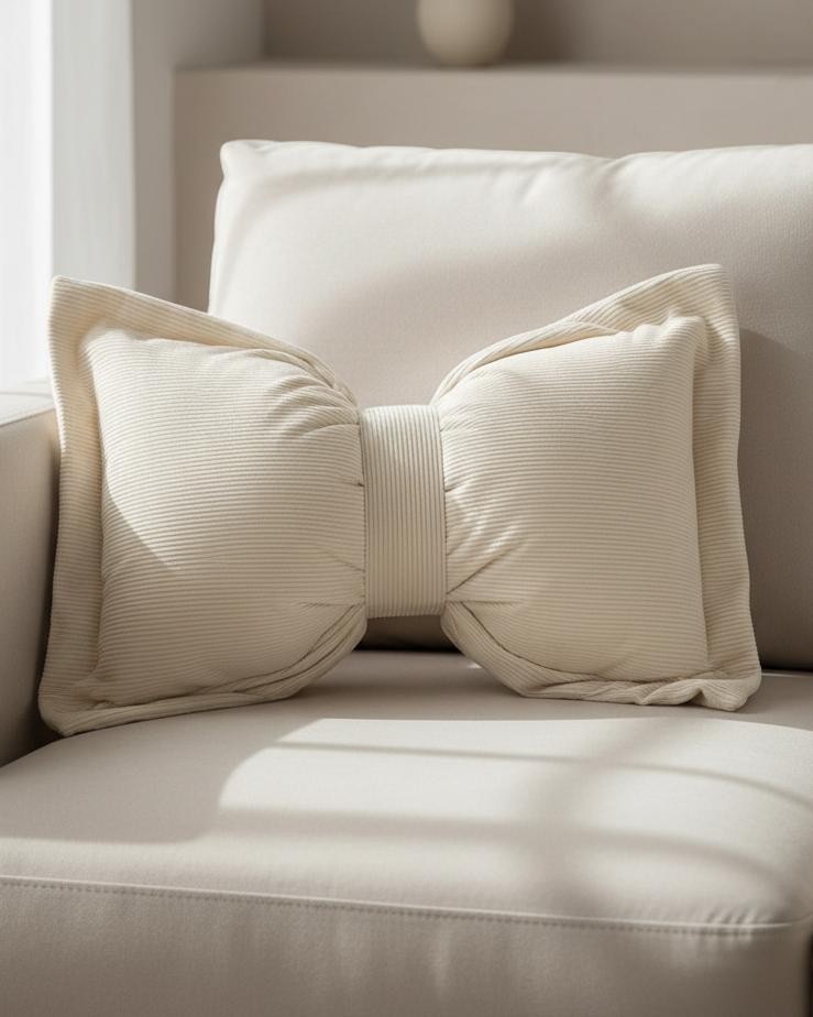 Cream neutral corduroy striped bow cushion from Starlight Express, soft furnishings with a plush fabric and decorative bow detail.
