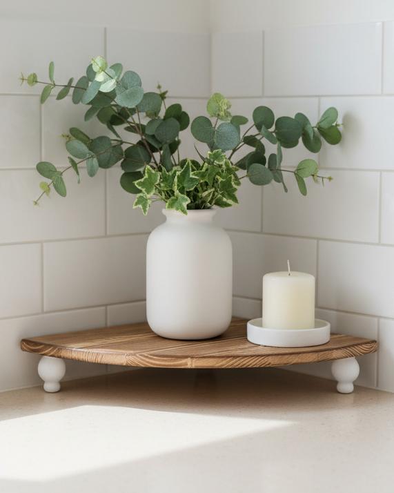 Natural wooden rustic corner bench by Starlight Express, showcasing a charming home decor piece with a warm, handcrafted finish.