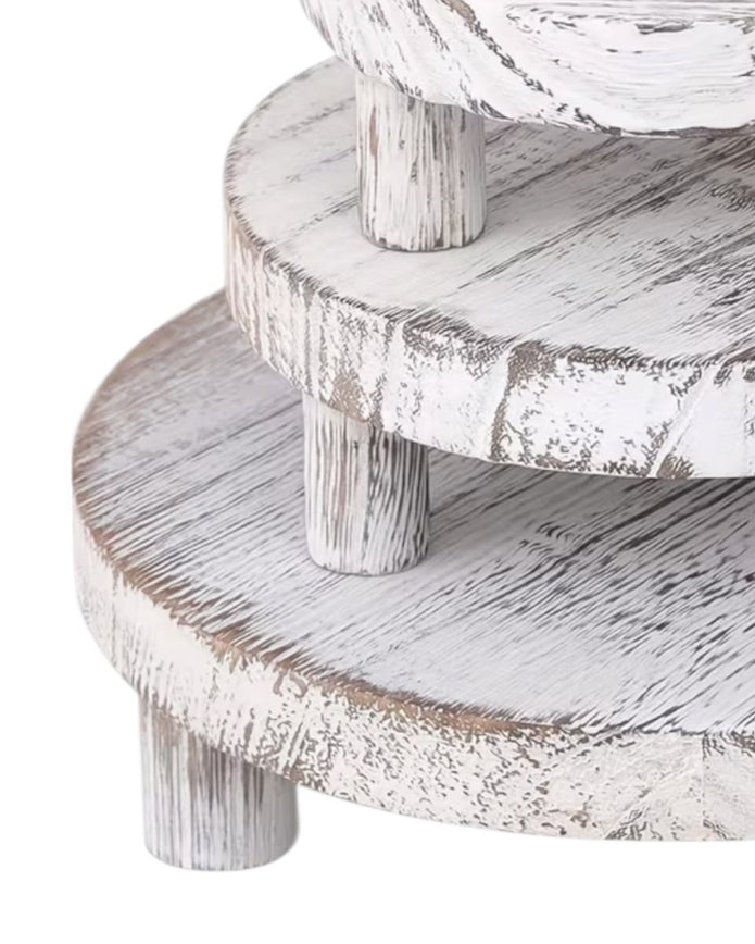 Set of three white washed round risers from Starlight Express, ideal for home decor display and decorative elevating surfaces.