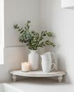 White wooden rustic display corner bench from Starlight Express, ideal for home decor with a charming, vintage design.