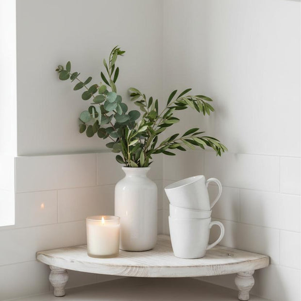 White wooden rustic display corner bench from Starlight Express, ideal for home decor with a charming, vintage design.