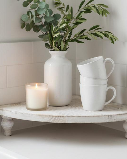 White wooden rustic display corner bench for home decor, showcasing a charming, handcrafted design by Starlight Express.