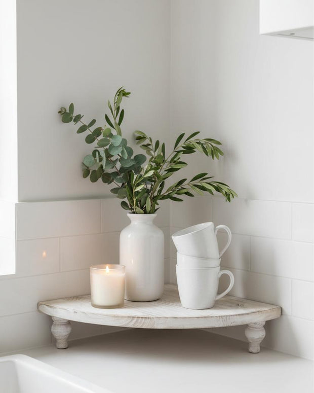 White wooden rustic display corner bench from Starlight Express, ideal for home decor with a charming, vintage design.