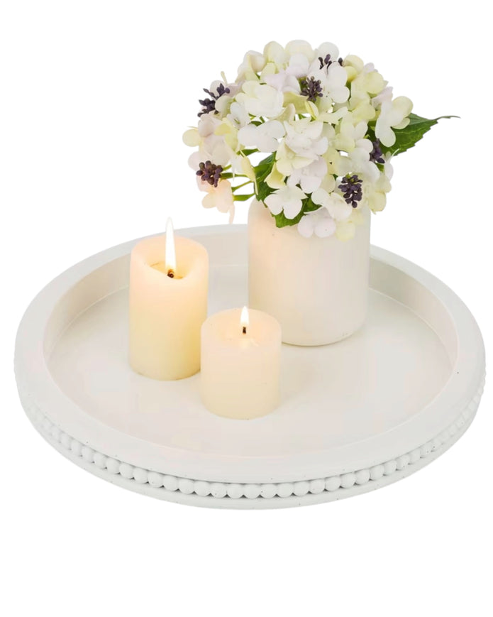 White wood beaded round tray for home decor by Starlight Express, featuring a stylish beaded edge and smooth surface.