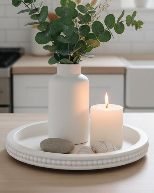 White wood beaded round tray for home decor by Starlight Express, featuring a decorative beaded edge and smooth surface.