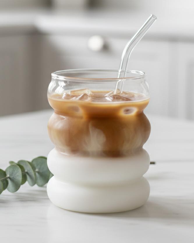 Starlight Express Bubble Glass Coffee Mug with straw, clear glass iced coffee cup for kitchen and dining use.