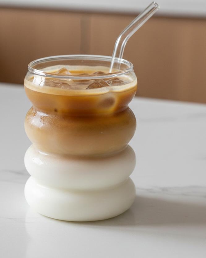 Starlight Express Bubble Glass Coffee Mug with straw, clear glass iced coffee cup for kitchen and dining use.