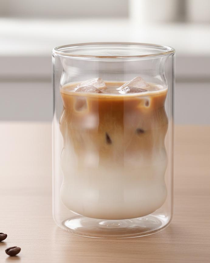 Double walled bubble glass coffee mug by Starlight Express, features clear glass with bubble design, ideal for iced and hot drinks.