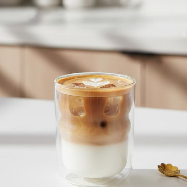 Double walled bubble glass coffee mug by Starlight Express, clear iced coffee cup with a unique bubble design and double insulation.
