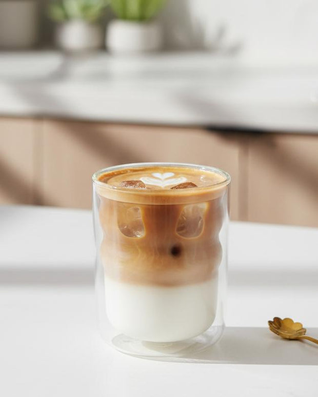 Double walled bubble glass coffee mug by Starlight Express, clear iced coffee cup with a unique bubble design and double insulation.
