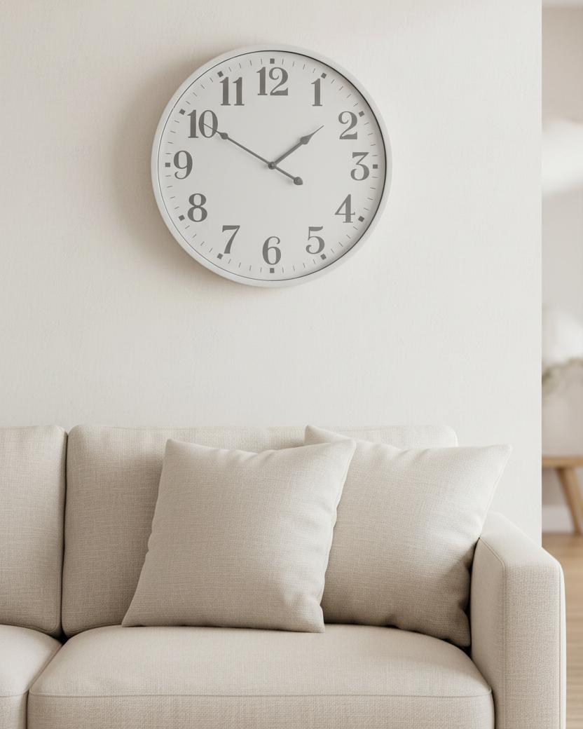 White round Aubrey wall clock by Hill Interiors showing a minimalist design with black hour and minute hands.