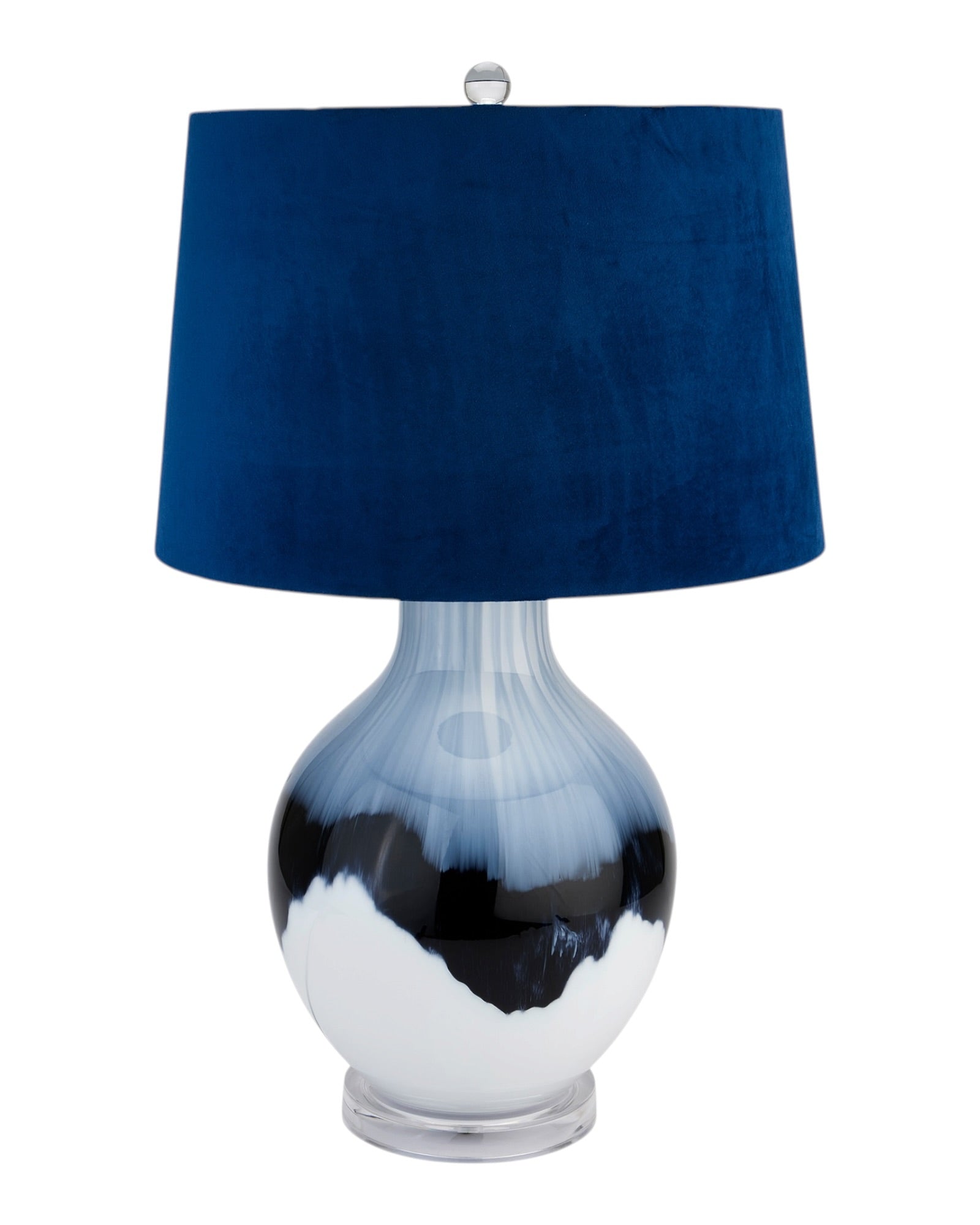 Navy blue glass table lamp by Hill Interiors, featuring a sleek design with a ceramic base and fabric shade for elegant lighting.