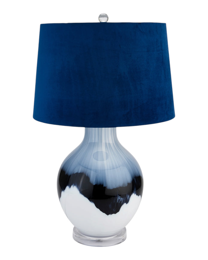 Navy blue glass table lamp by Hill Interiors, featuring a sleek design with a ceramic base and fabric shade for elegant lighting.