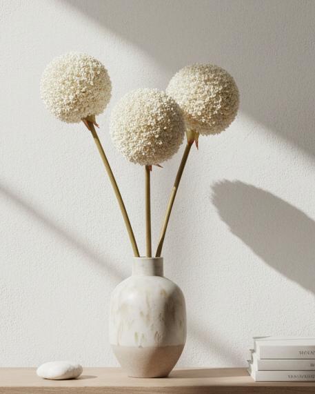 Artificial classic white allium stem from Hill Interiors, showcasing realistic white flower clusters on a tall green stem.