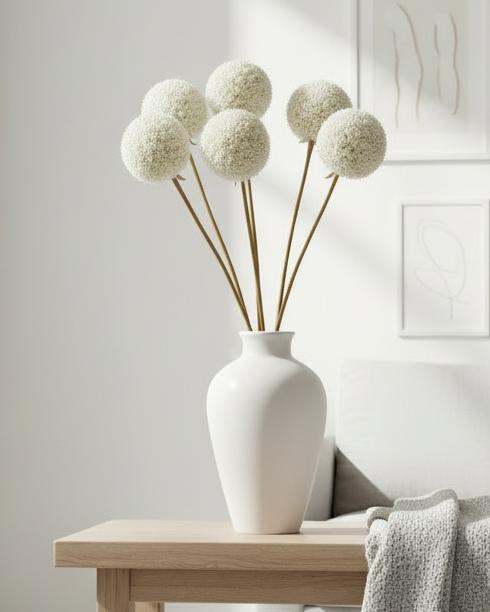 Artificial Classic White Allium stem from Hill Interiors, showcasing realistic white flower bulbs on green stems for home decor.