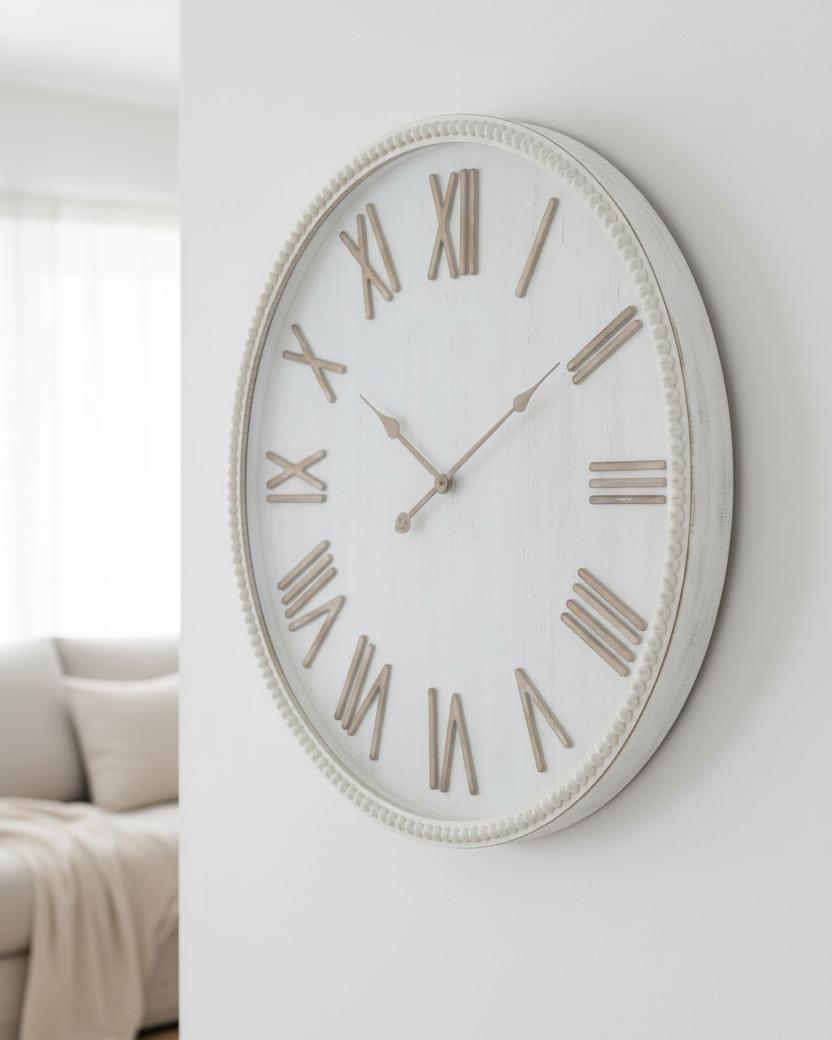Large rustic white clock with beaded frame from Hill Interiors, featuring a vintage-style design and classic round shape.