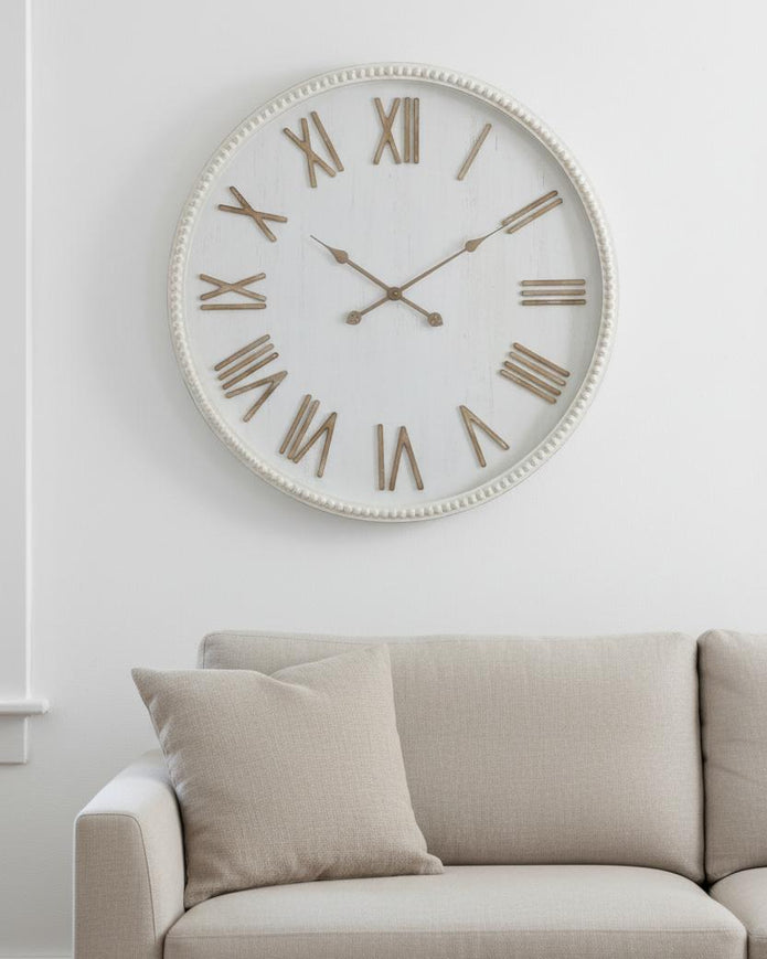 Large rustic white clock with beaded frame, decorative wall clock by Hill Interiors, featuring vintage-inspired design.