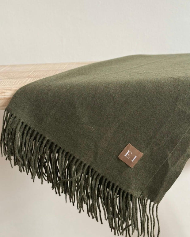 Della Olive Green Fine Knit Tasselled Throw Blanket