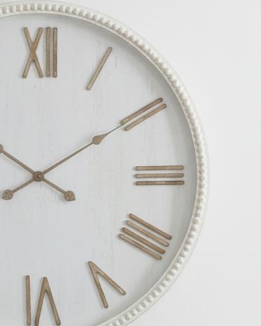 Large rustic white clock with beaded frame, decorative wall clock by Hill Interiors, featuring vintage-inspired design and elegant details.
