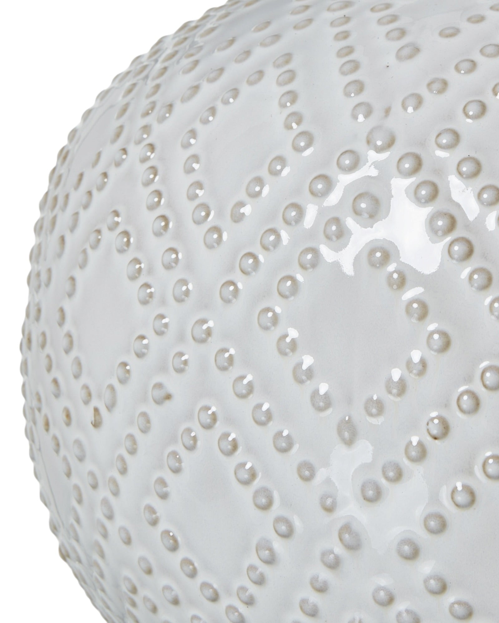 White beaded ceramic lamp for lighting, designed by Hill Interiors, featuring a stylish squat shape and intricate beaded details.