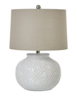 White beaded ceramic squat lamp from Hill Interiors, showcasing a stylish lighting fixture with intricate bead details.