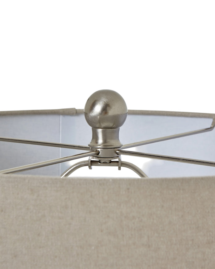 White beaded ceramic lamp by Hill Interiors, stylish squat lighting fixture with intricate bead details and a ceramic base.