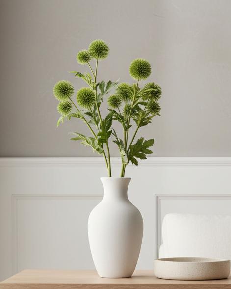 Artificial green globe thistle spray from Hill Interiors, realistic artificial plant with spiky globe-shaped purple flowers.