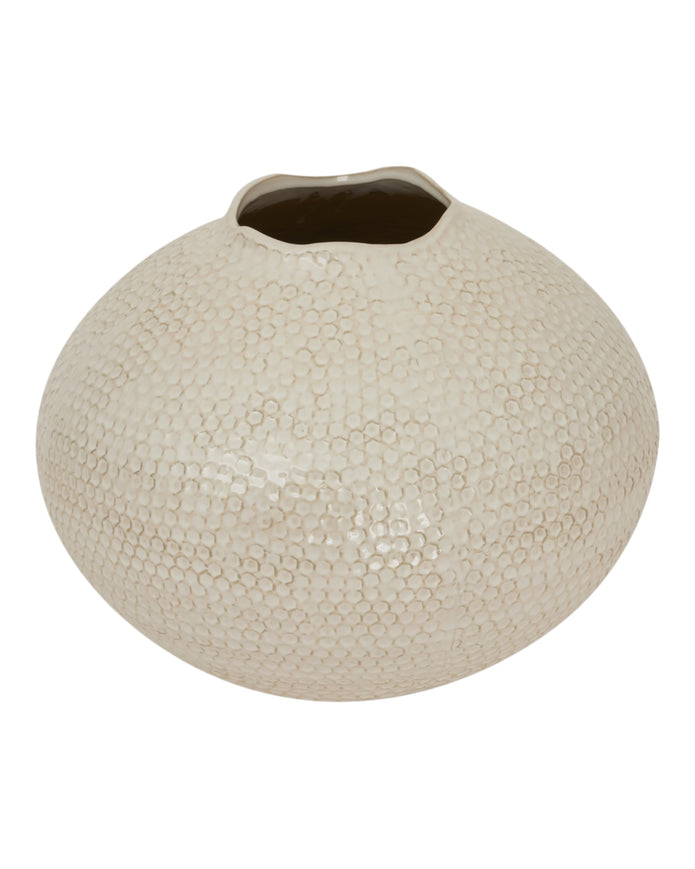 Zaffera Ivory Caldron textured vase by Hill Interiors, decorative ceramic vase with a rounded shape and intricate surface design.