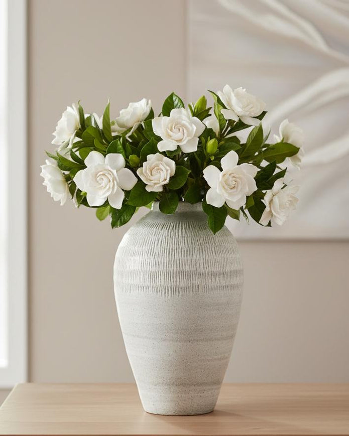 White glazed Kemi Olpe vase by Hill Interiors, showcasing smooth ceramic surface and elegant shape.