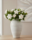 White glazed Kemi Olpe vase by Hill Interiors, showcasing smooth ceramic surface and elegant shape.