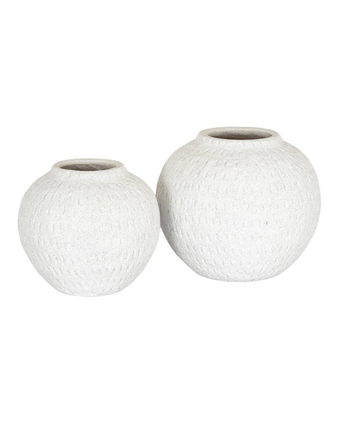 Ashen white matte round vase from Hill Interiors, showcasing smooth surface and modern design on a neutral background.
