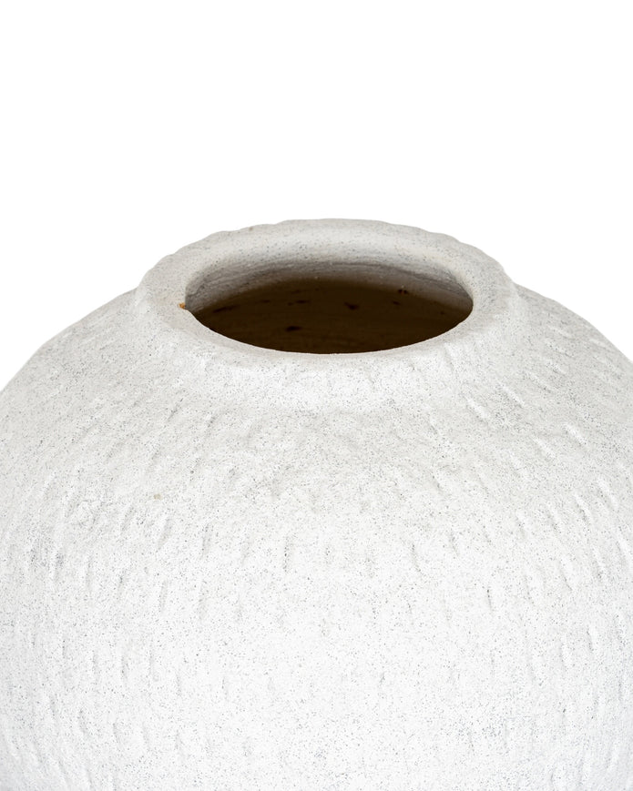 Ashen white matte round vase by Hill Interiors, showcasing smooth surface and modern design, perfect for contemporary home decor.
