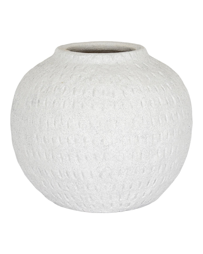 Ashen white matte round vase by Hill Interiors, showcasing smooth ceramic surface and modern rounded shape.