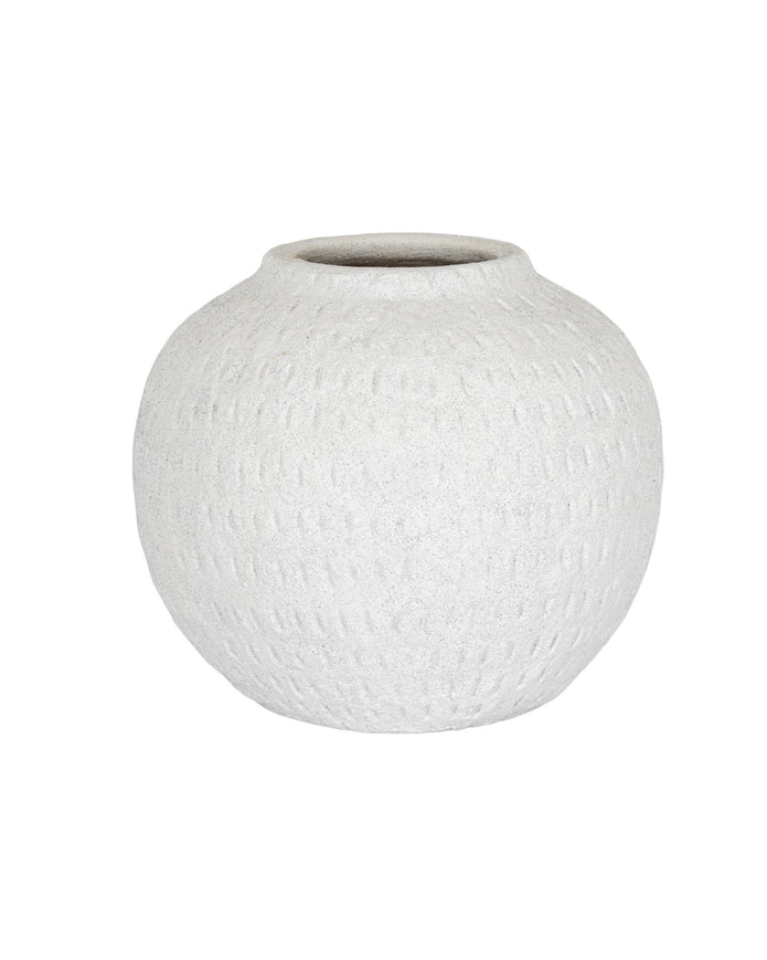 Ashen white matte round vase from Hill Interiors, showcasing smooth finish and contemporary design for home decor.
