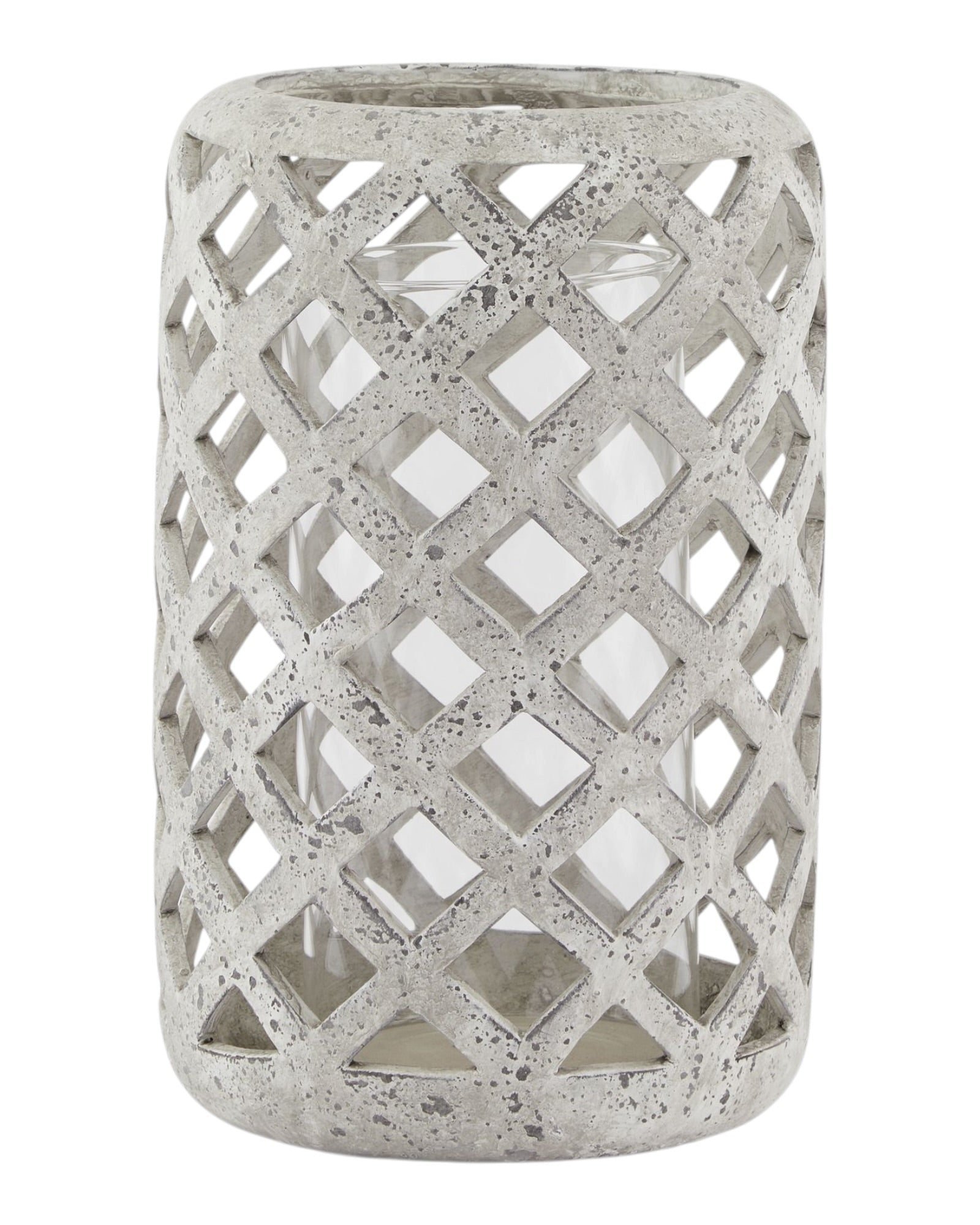 Stone lattice hurricane lantern for home decor by Hill Interiors, featuring a textured stone exterior and glass interior for ambient lighting.