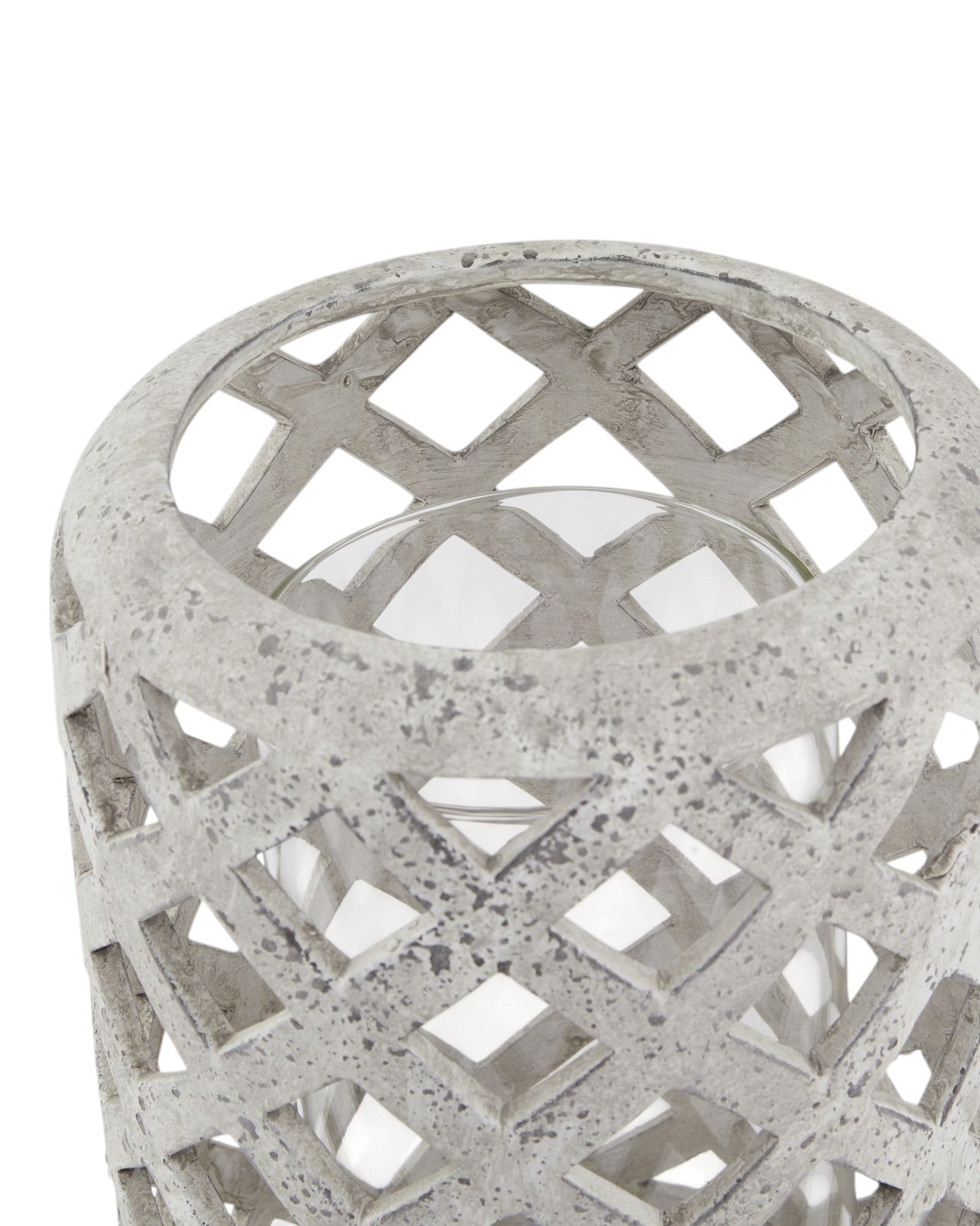 Stone lattice hurricane lantern by Hill Interiors, decorative home decor piece with intricate stone design and glass enclosure.