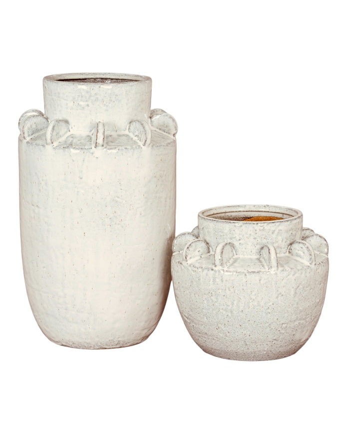 Dara White Ceramic Wide Neck Textured Vase by Hill Interiors, showcasing a stylish vase with a textured surface and wide neck design.