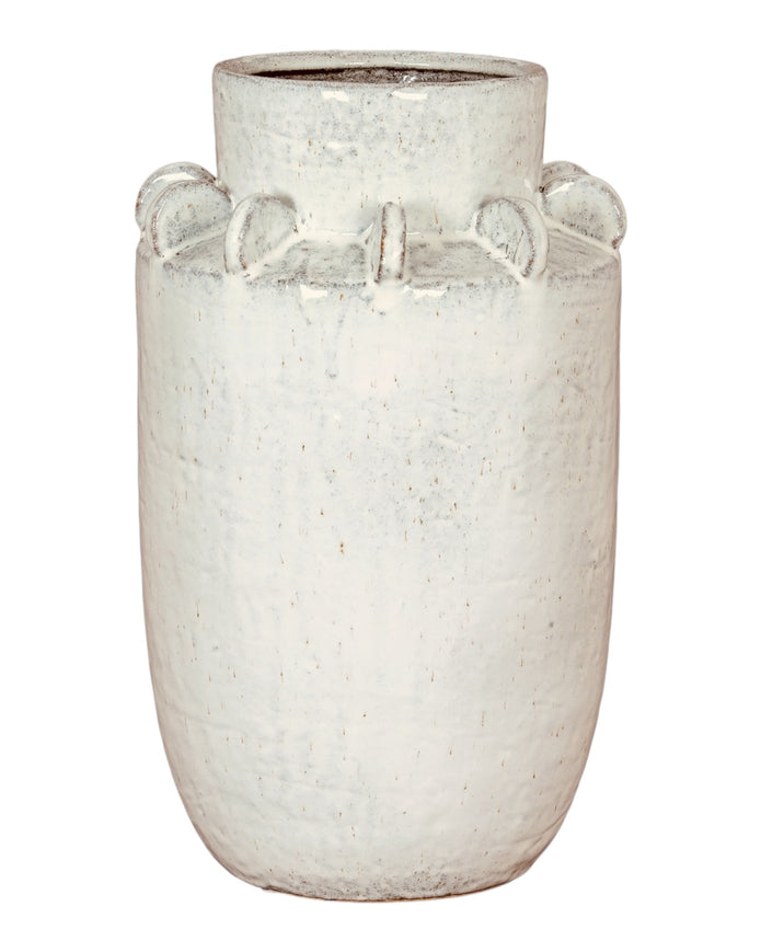 White ceramic wide neck textured vase from Hill Interiors, featuring a modern design with a smooth finish and subtle surface patterns.