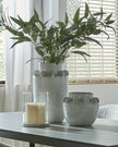 White ceramic Dara wide neck textured vase by Hill Interiors, showcasing its modern design and detailed surface finish.