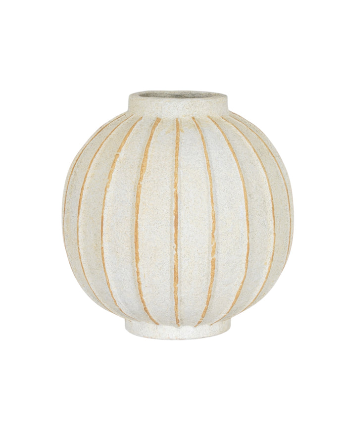 Decorative vase with blue and white globe stripes, perfect for home décor from Hill Interiors.