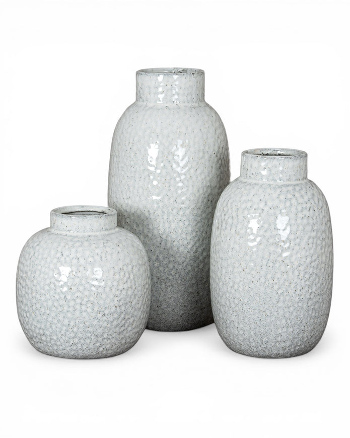 White glazed Cairn Dimple vase by Hill Interiors, featuring a rounded shape with textured dimples, perfect for home decor.