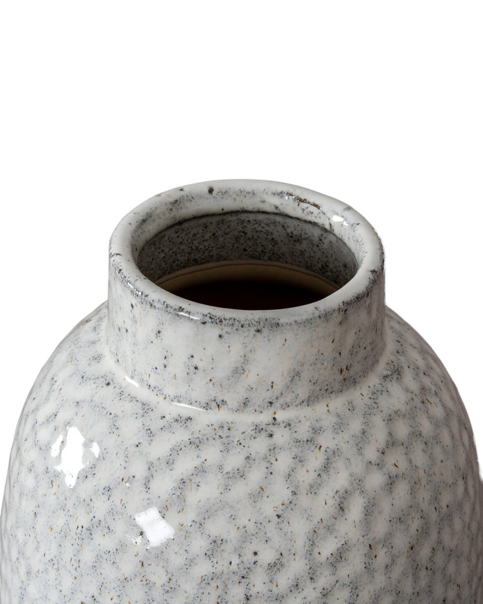 White glazed Cairn Dimple vase by Hill Interiors, decorative ceramic vase with textured dimpled surface for home decor.