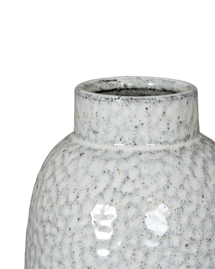 White glazed Cairn Dimple vase by Hill Interiors, showcasing a smooth, rounded ceramic design with a textured dimpled surface.