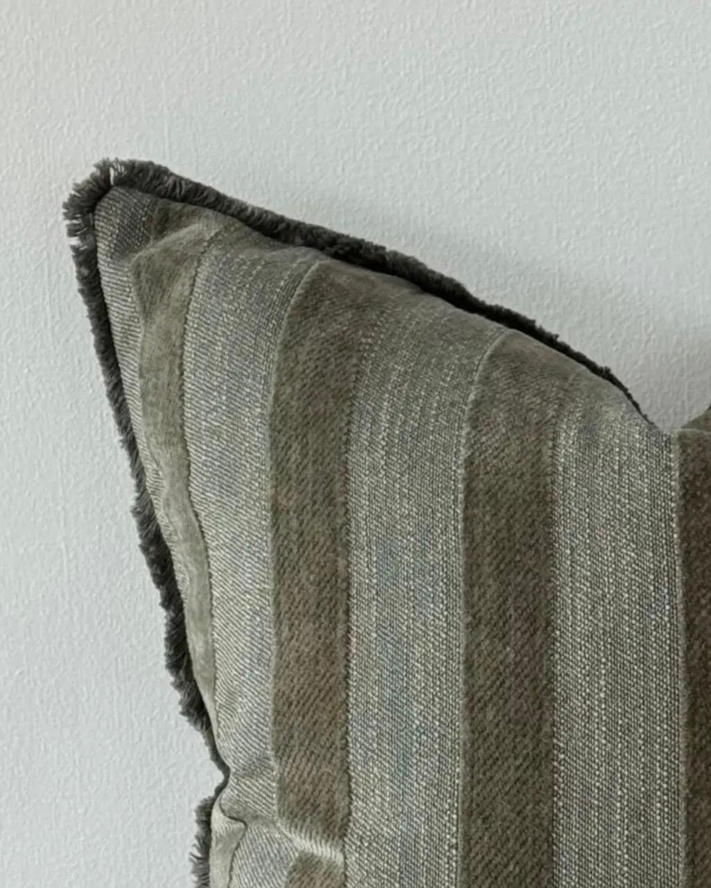 Olive green striped square cushion cover from Ellenvale Trade, soft furnishings, with a textured fabric and modern design.