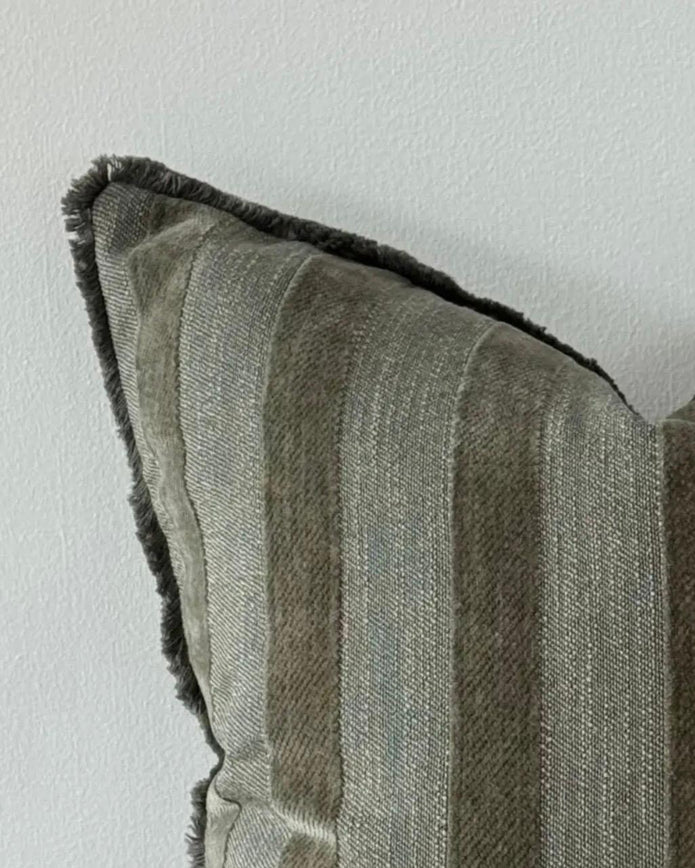 Olive green striped square cushion cover from Ellenvale Trade, soft furnishings, with a textured fabric and modern design.