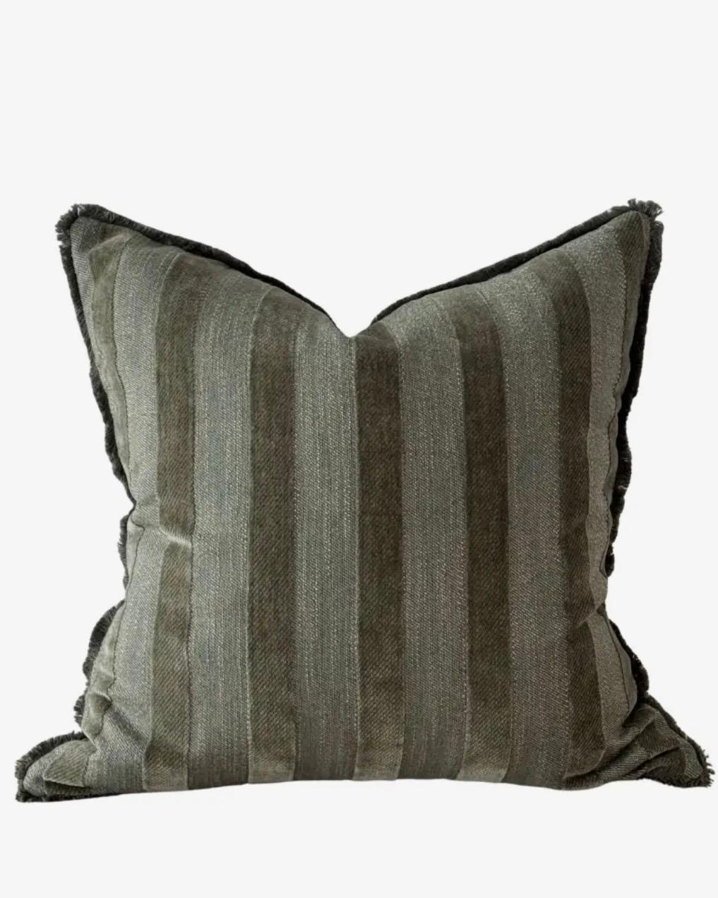 Olive green striped square cushion cover from Ellenvale Trade, soft furnishings with a stylish striped pattern.