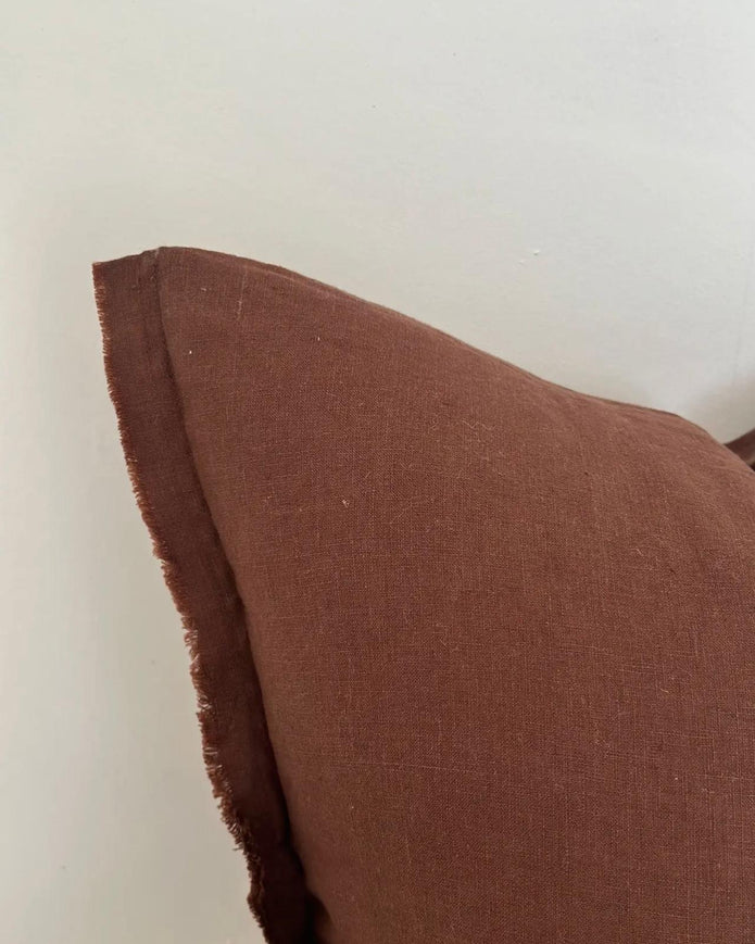 Dark brown Esmee linen blend cushion cover with ruffle square design, soft furnishings by Ellenvale Trade.