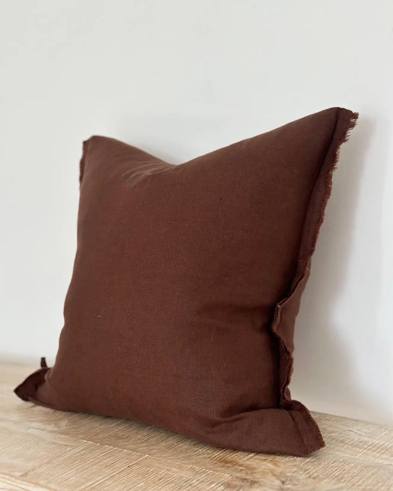 Dark brown ruffle square linen blend cushion cover by Ellenvale Trade, showcasing soft, textured fabric with elegant ruffle details.